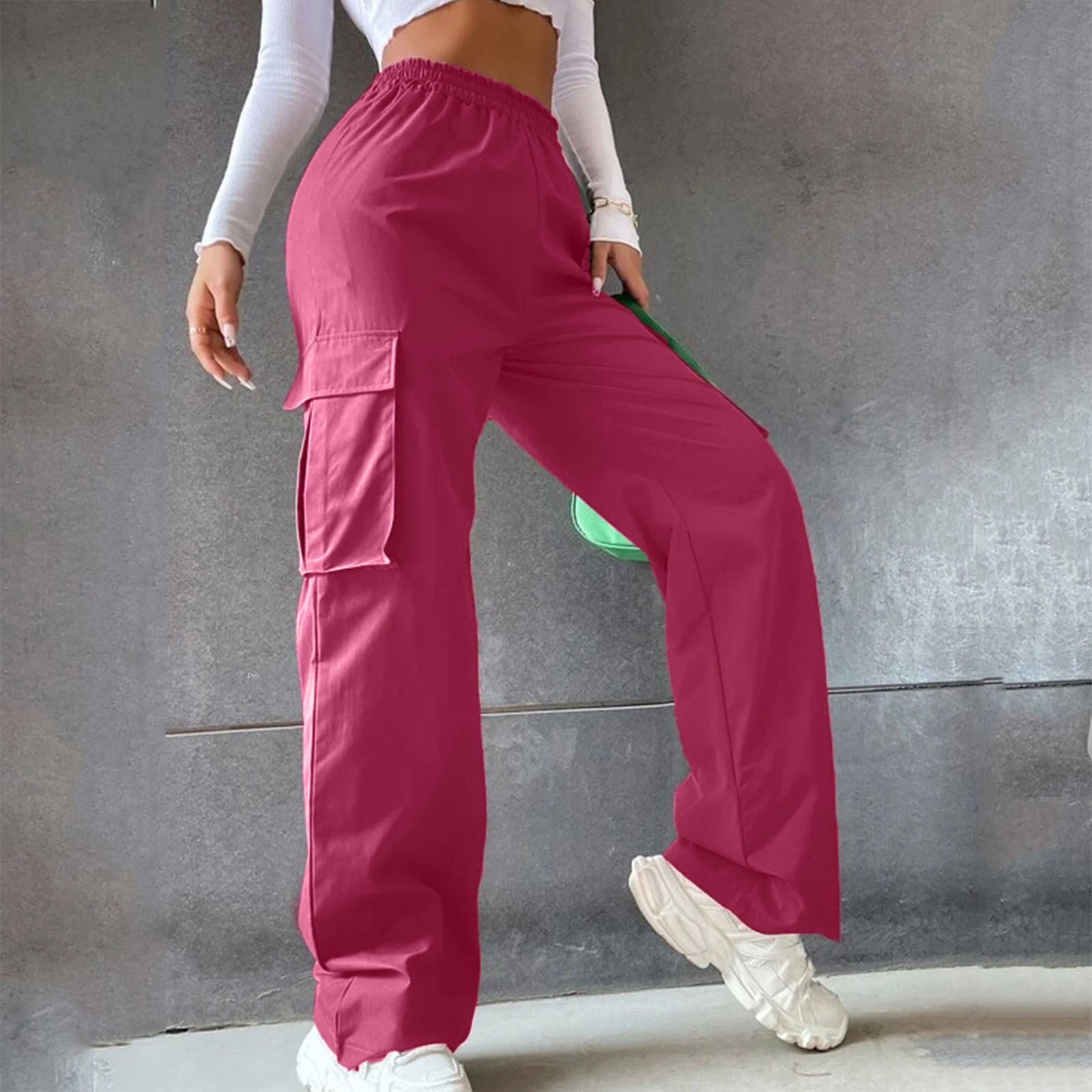 thumbnail image 2 of Pantalones de cintura alta y pierna ancha para mujer: sin cinturón, pierna recta, poliéster, estilo informal y relajado, 2 of 7